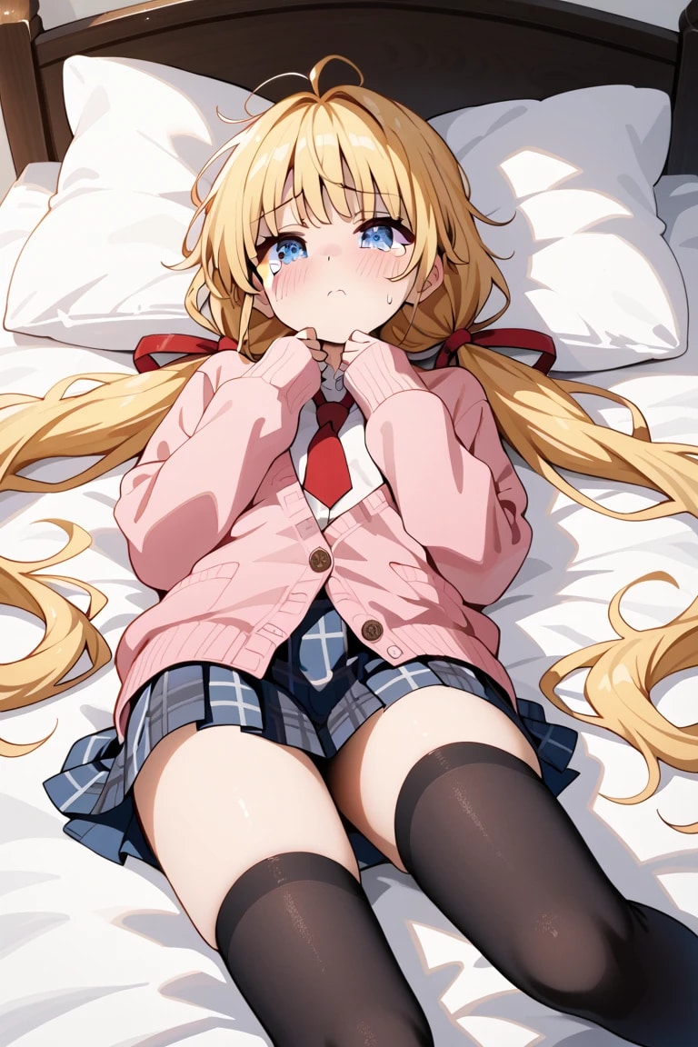 「もう…泣いちゃう…」金髪ツインテJK莉奈のベッド涙目😢/// | の人気AIイラスト・グラビア