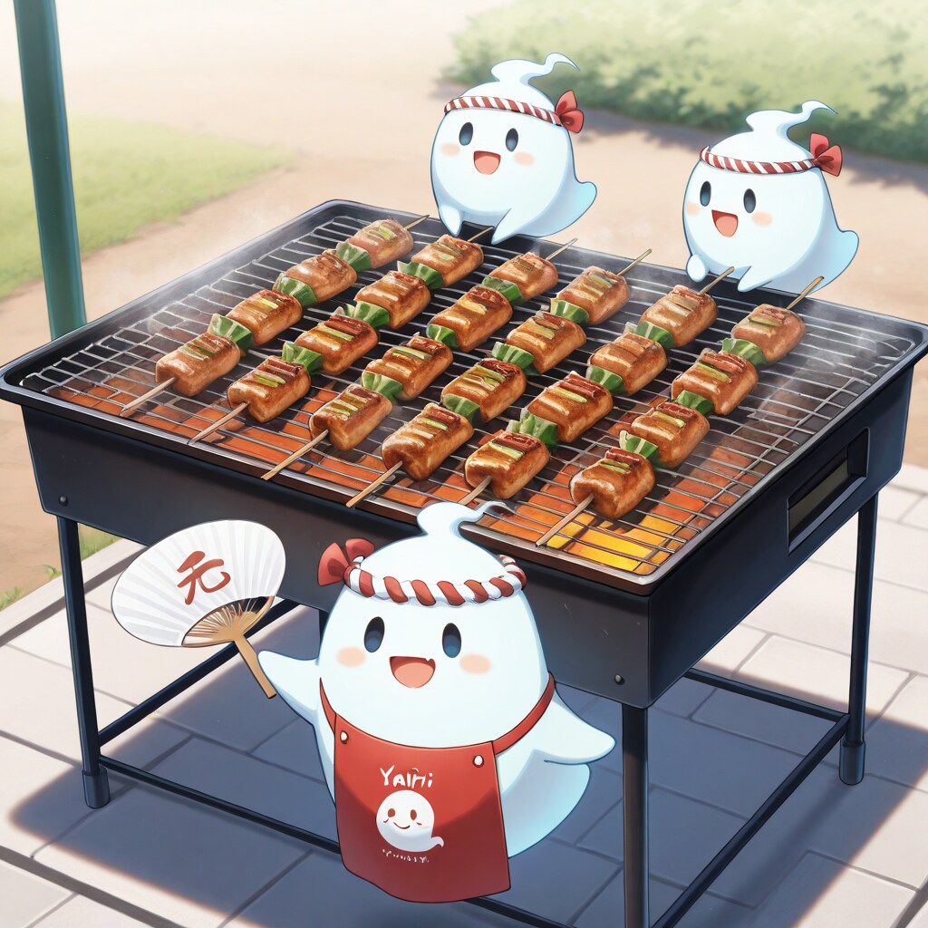 焼き鳥の屋外サービス中なお化け焼き鳥職人