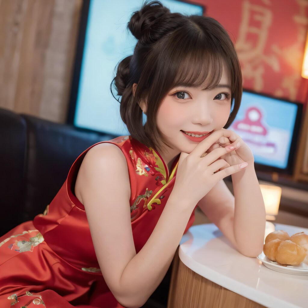 黒髪ツイン団子で中華服の美女７