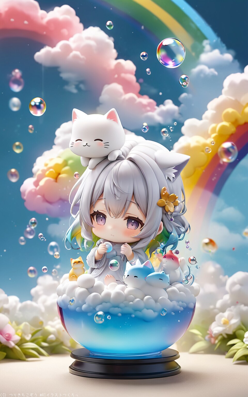 シャボン玉と猫さんフィギュア