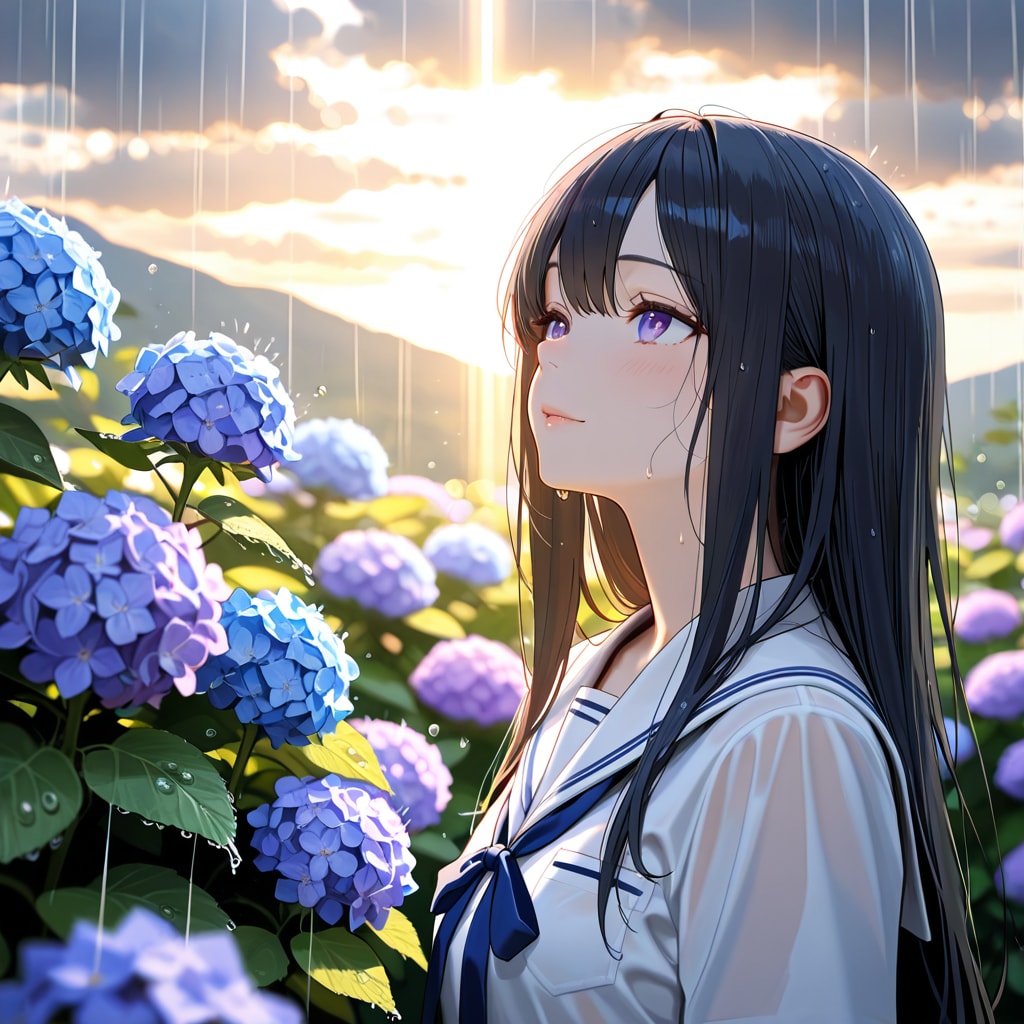 紫陽花と少女【梅雨明けを待つ】。