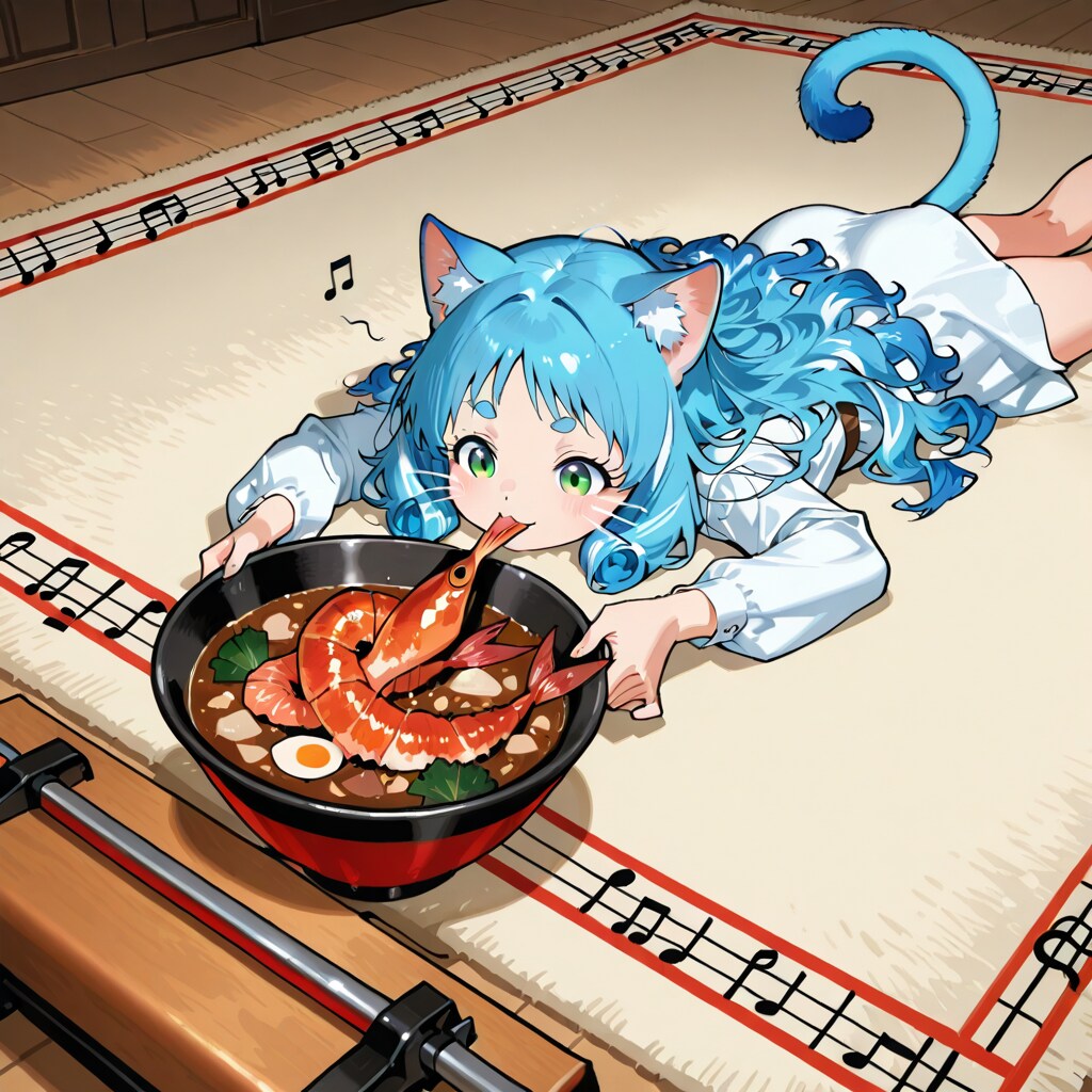 エビが長めの世界線で料理を寝転びながらすするという冒険という名の場合によっては命に関わる行為をする少女
