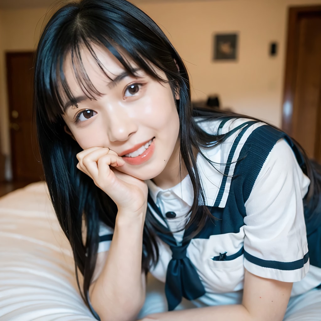 黒髪ロングで寝室の美女３４