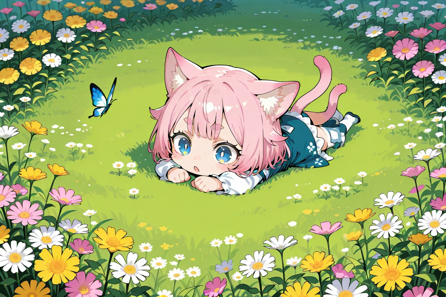 春の陽気 猫又さんと蝶々 | の人気AIイラスト・グラビア