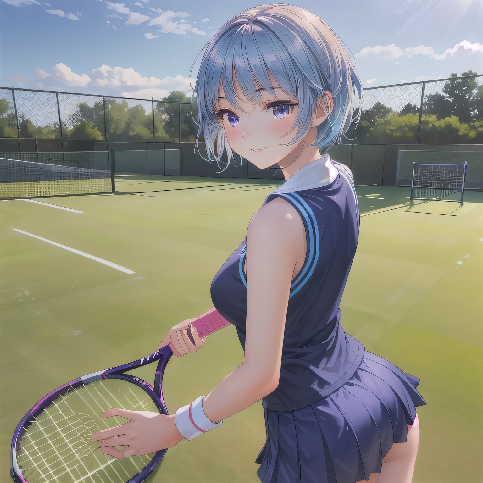 青髪ボブでテニスウェアの少女３ | の人気AIイラスト・グラビア