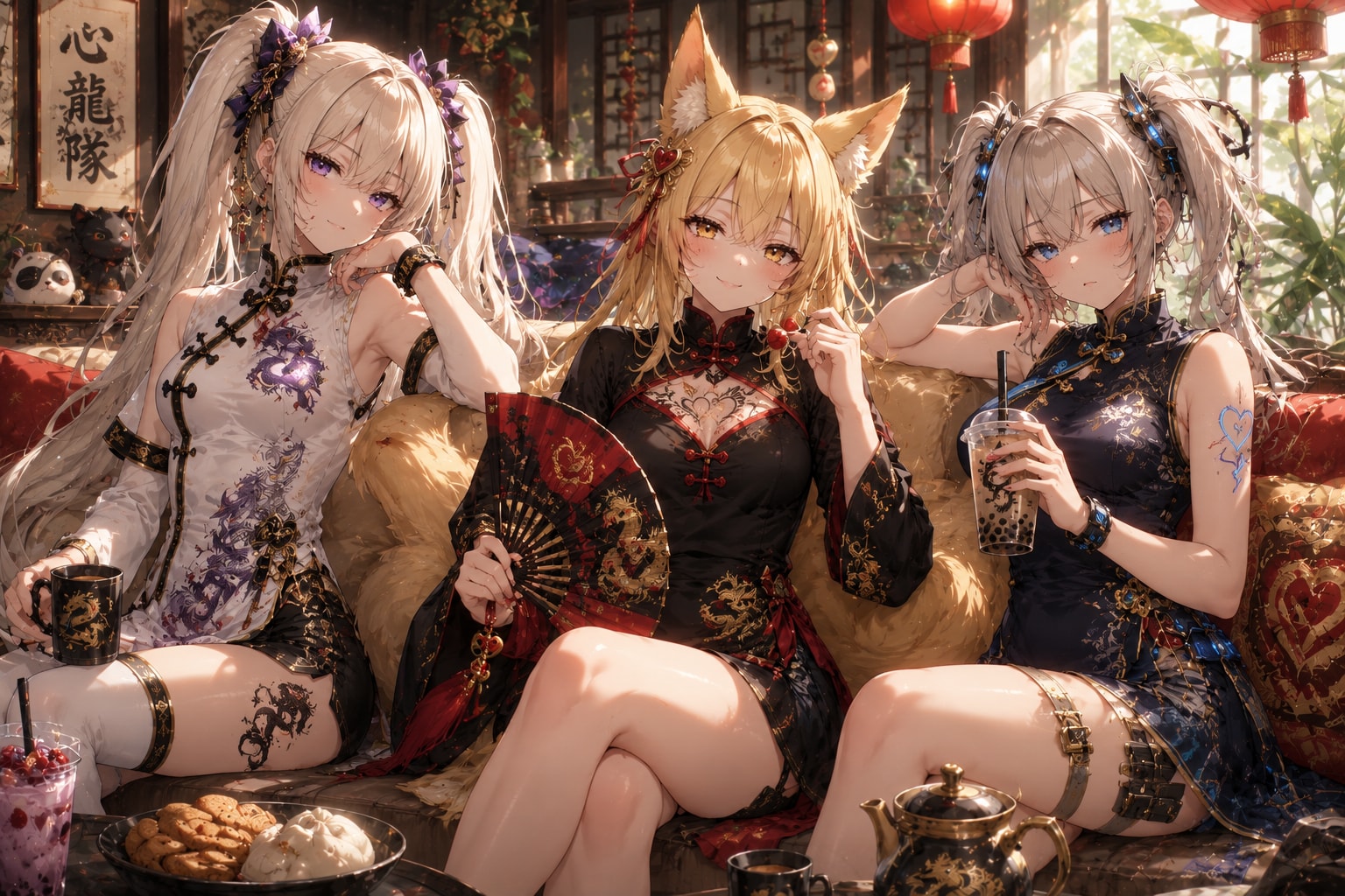 📸 集合写真：『心龍隊のオフタイム：ソファーの上のひだまり』 | の人気AIイラスト・グラビア