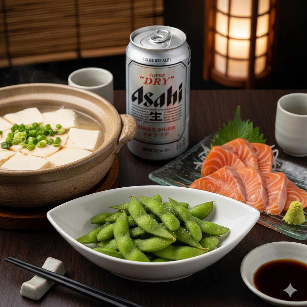 【晩飯】サーモン刺身、枝豆、湯豆腐、キンキンのやつ | の人気AIイラスト・グラビア