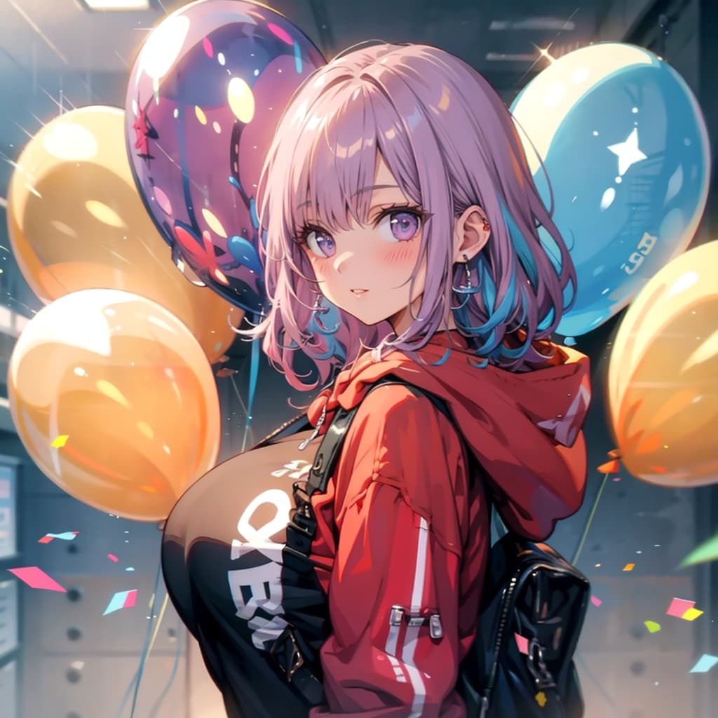 いっぱい色とりどりの風船を持つ紫髪ロングのパーカー着た美女