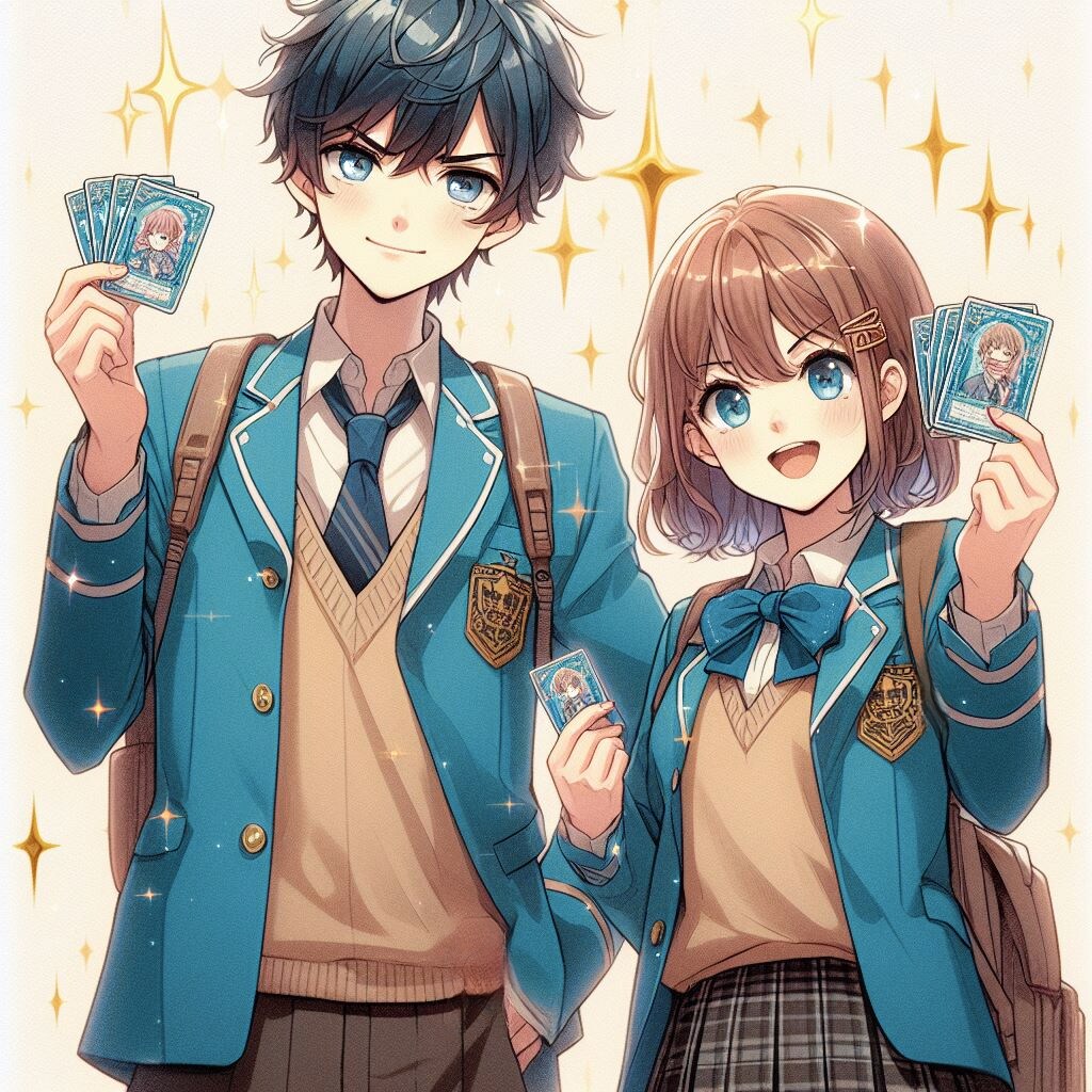 自慢げにトレカを見せる女子高生と男子校生