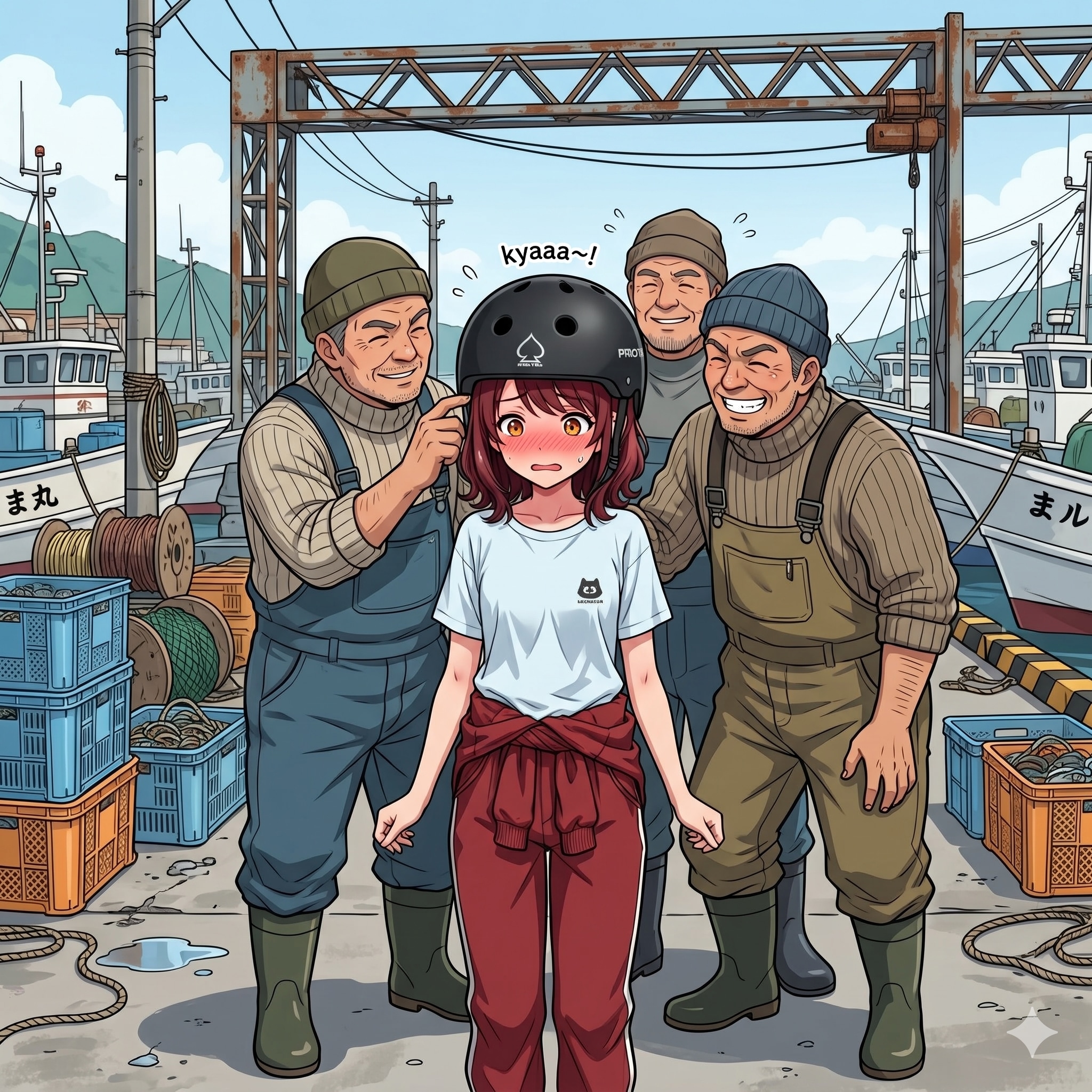 漁港でおっさん達にからかわれるオレ | の人気AIイラスト・グラビア