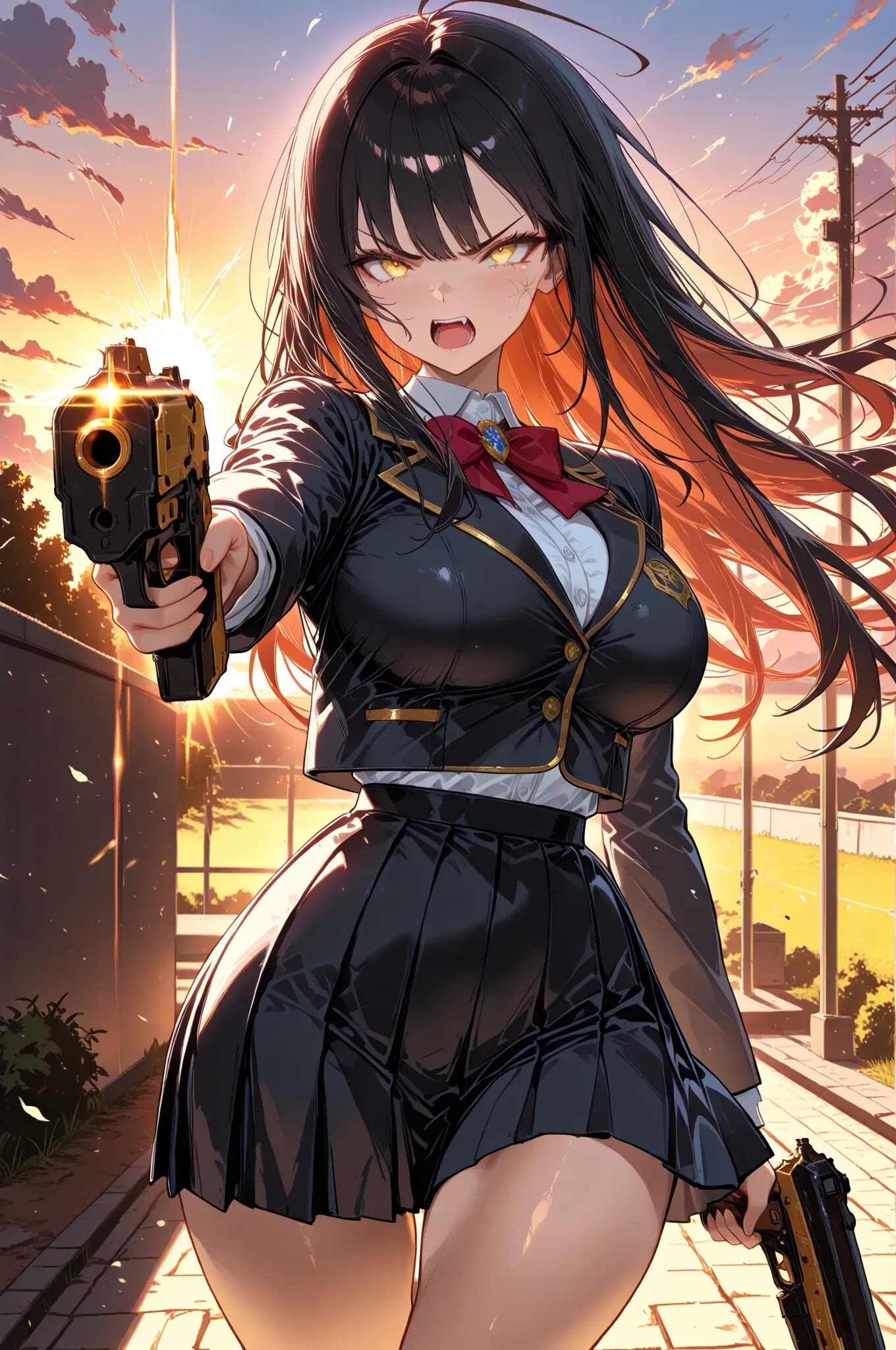 夕陽を背に銃口を突きつける