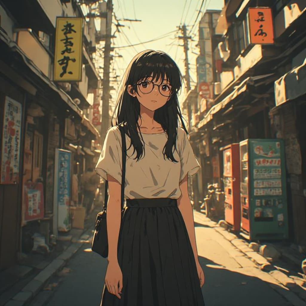 黒髪メガネ　レトロ風景