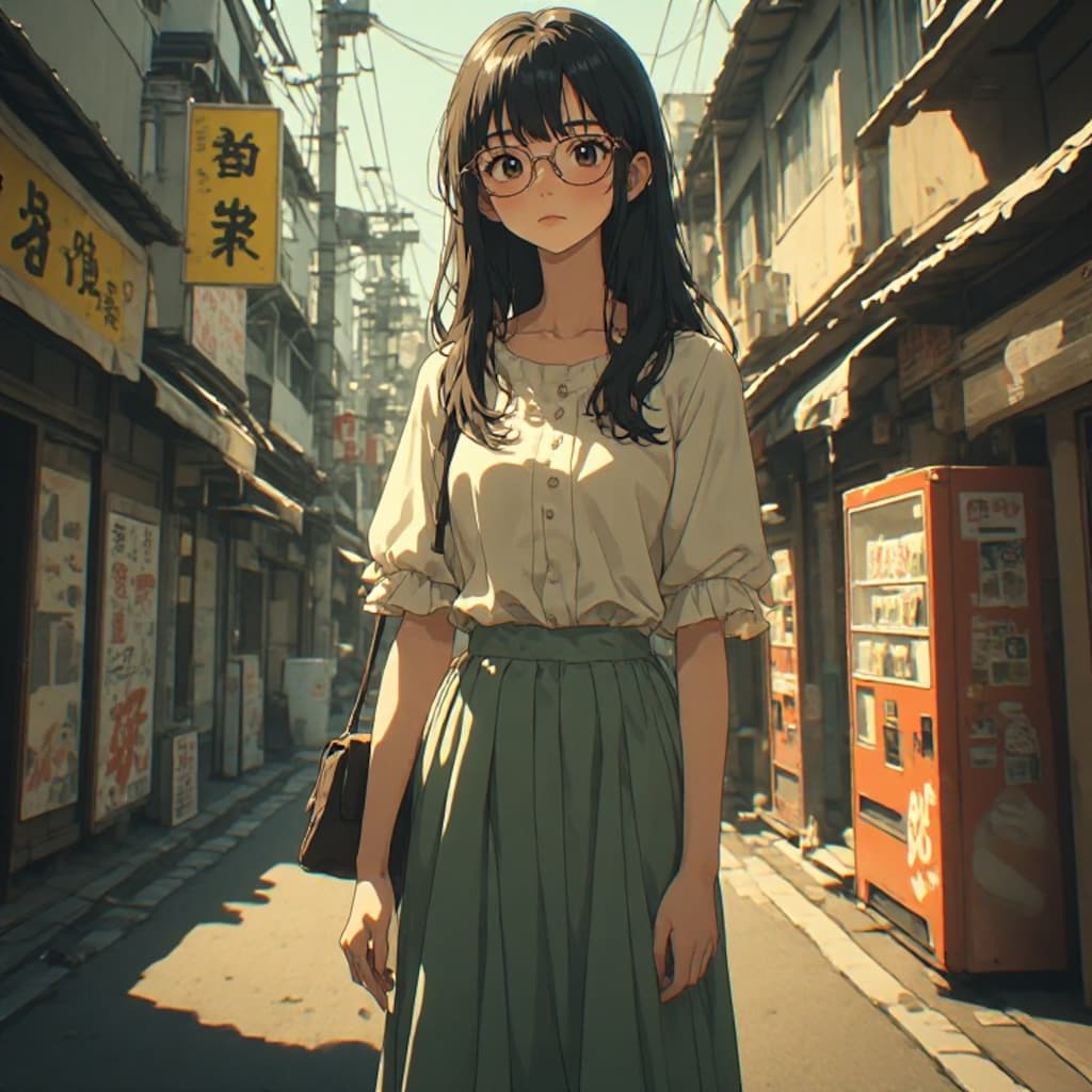 黒髪メガネ　レトロ風景