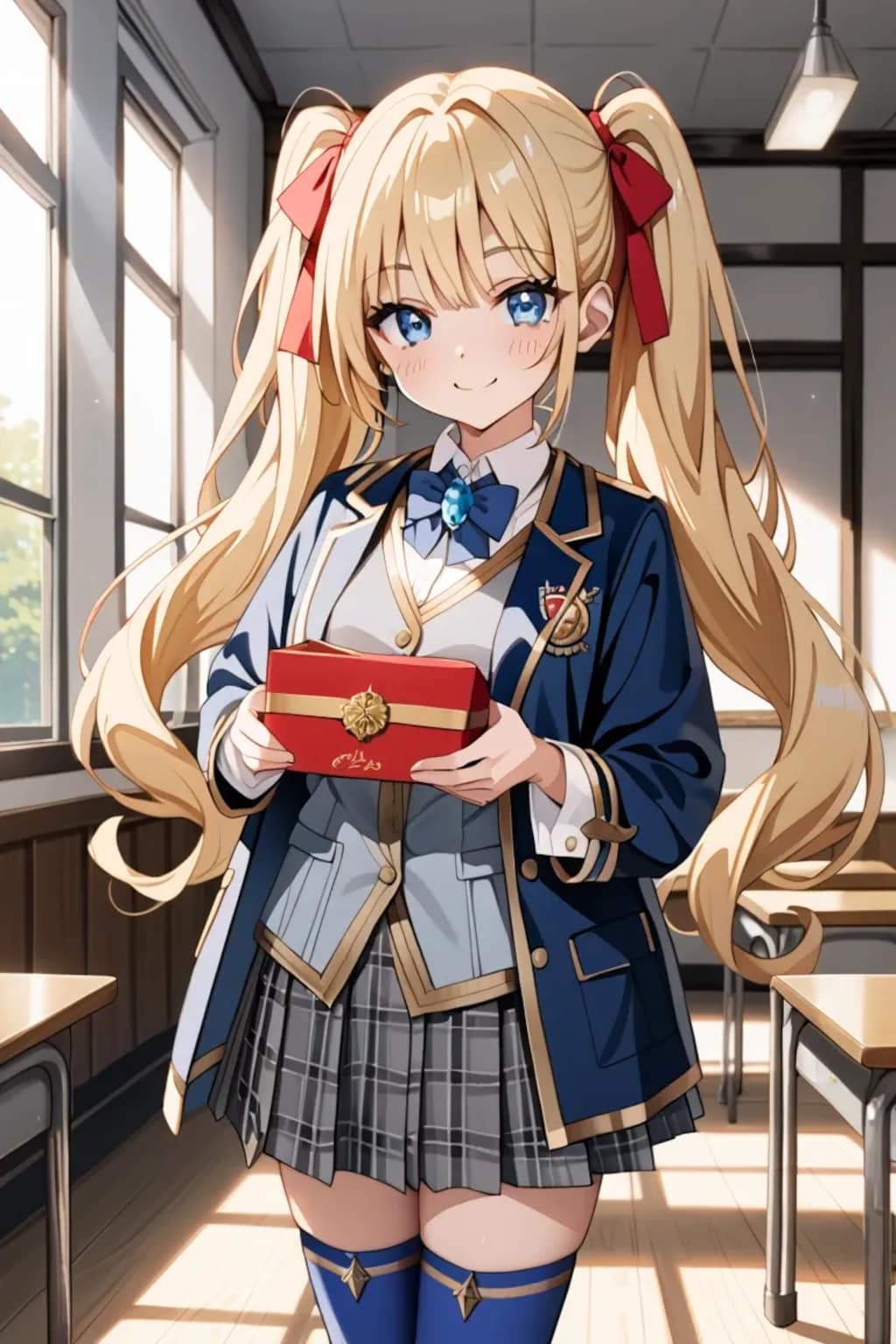 「これ…莉奈からのお礼♡」金髪ツインテ制服莉奈のプレゼントポーズ🌞