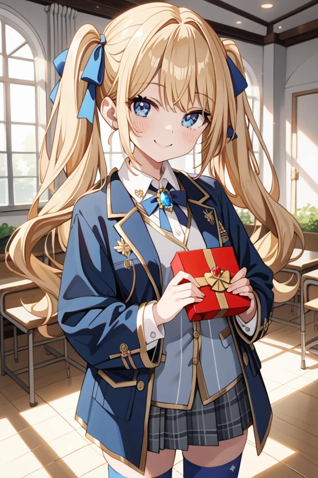 「これ…莉奈からのお礼♡」金髪ツインテ制服莉奈のプレゼントポーズ🌞
