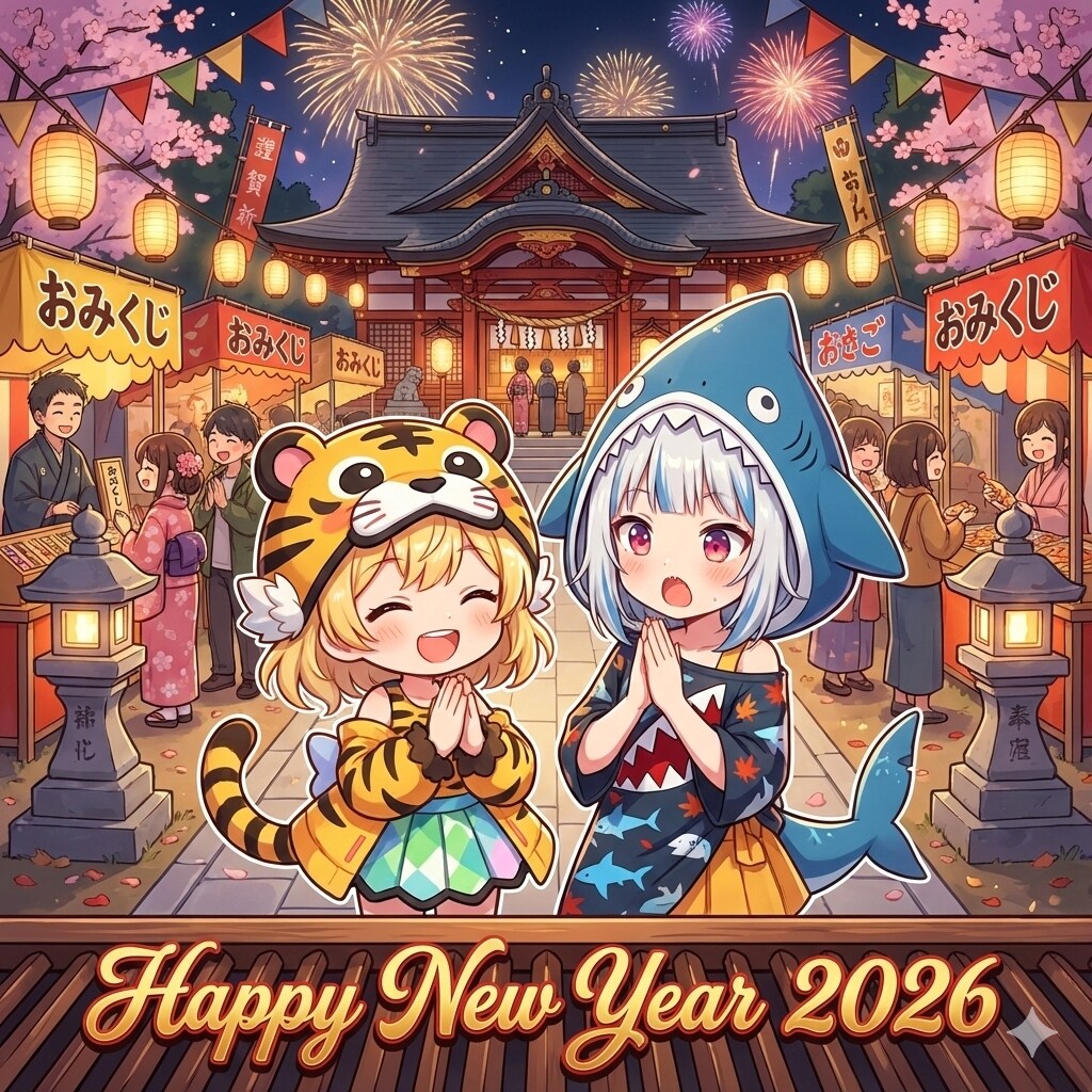 新年の虎娘ちゃんとサメ美ちゃん