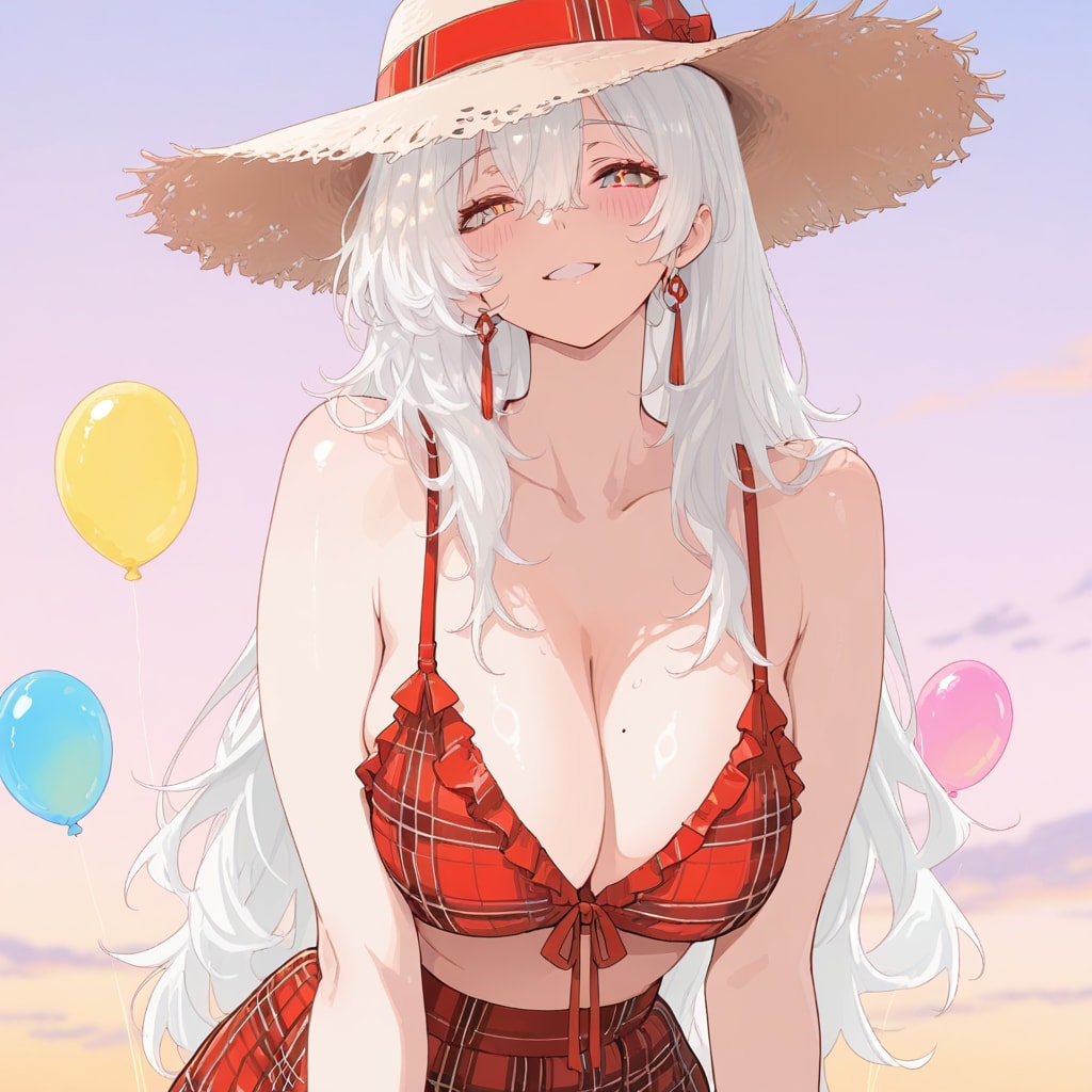 いっぱい色とりどりの風船を持つ白い髪ロングのチェック柄の服麦わら帽子着た美女