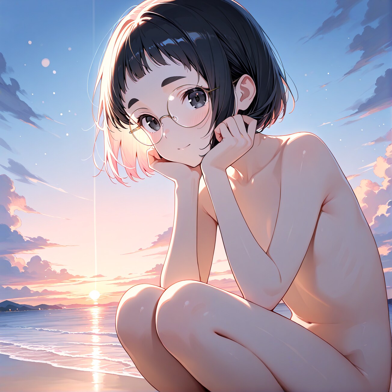 夕日と砂浜とメガネちゃんな裸
