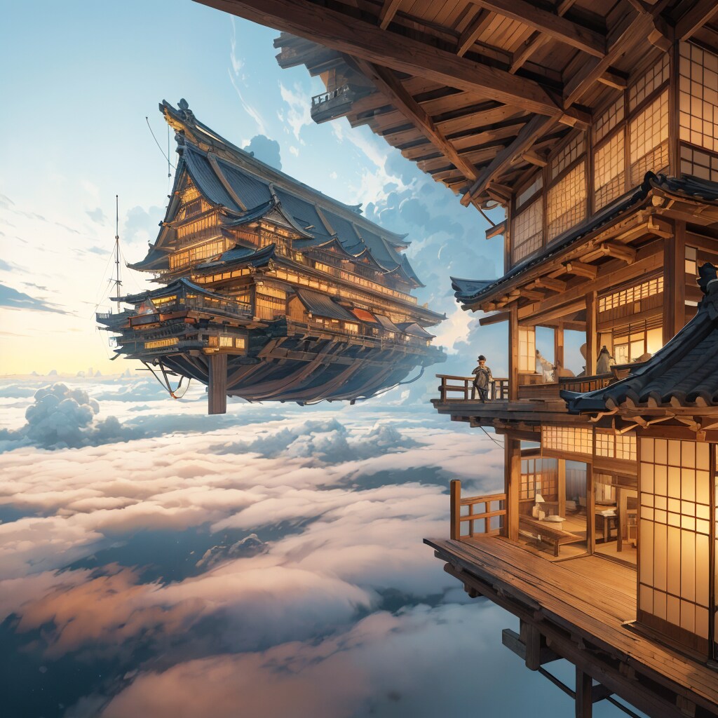 和風摩天楼と木造飛行遊覧船
