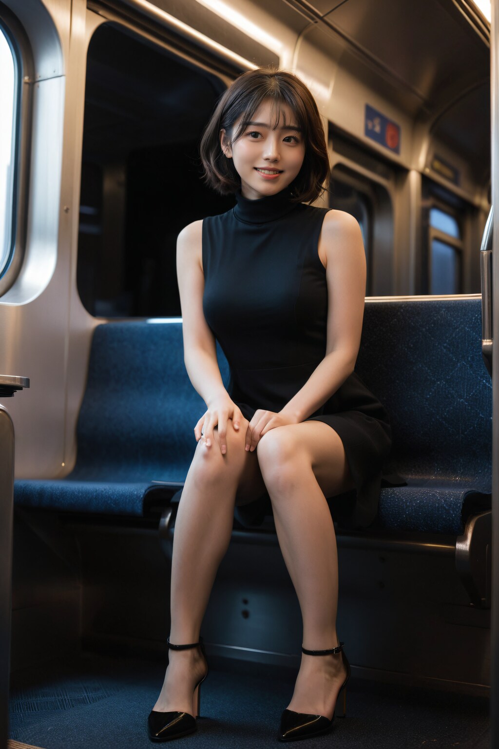 電車に乗っている女性