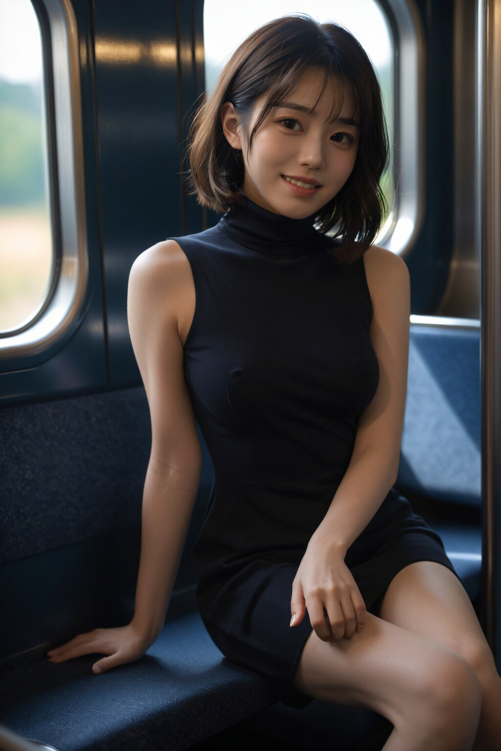 電車に乗っている女性