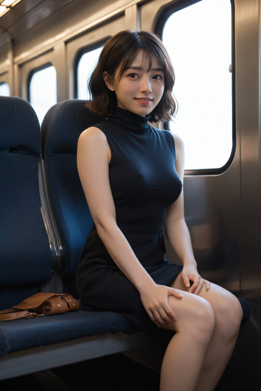 電車に乗っている女性