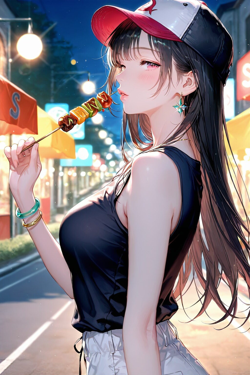 夜市でケバブを食べる女の子