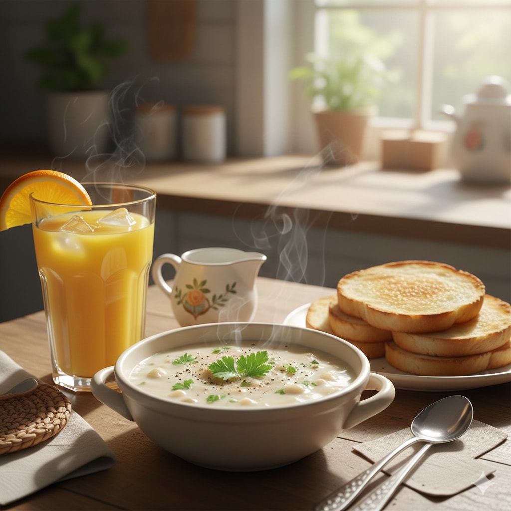 【朝食】ホワイトシチュー、パン、オレンジジュース | の人気AIイラスト・グラビア