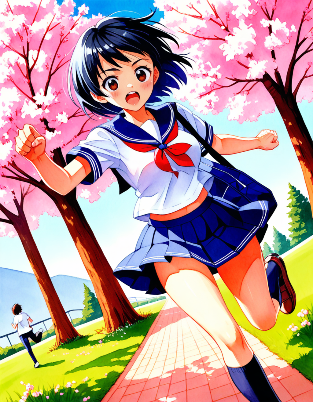 進〇ゼミの漫画の１P目に出てきそうな走っている女の子