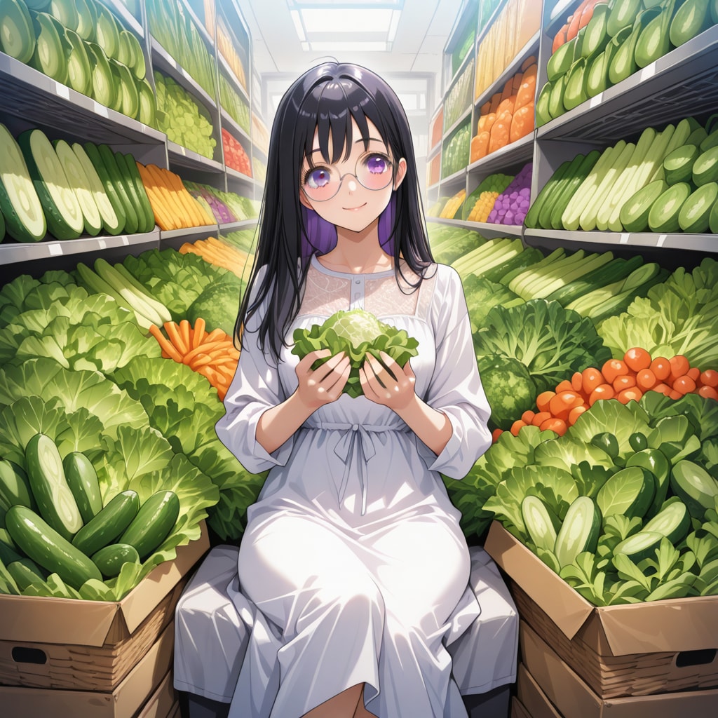 野菜に囲まれる黒髪メガネ（ノゾミ） | の人気AIイラスト・グラビア