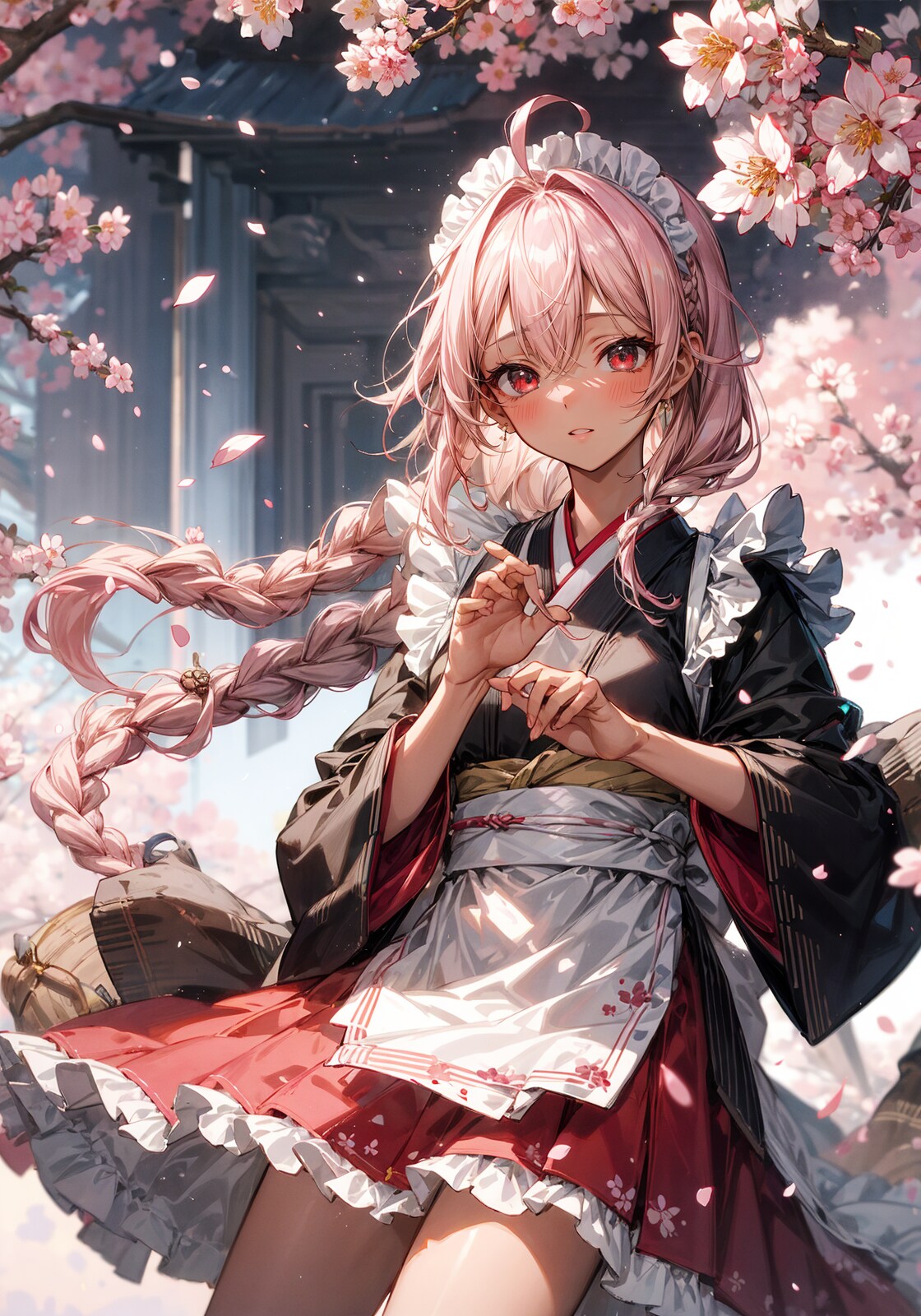 桜と和装メイド