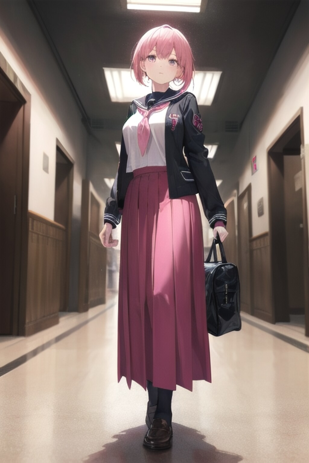 廊下を歩くロングスカートJK