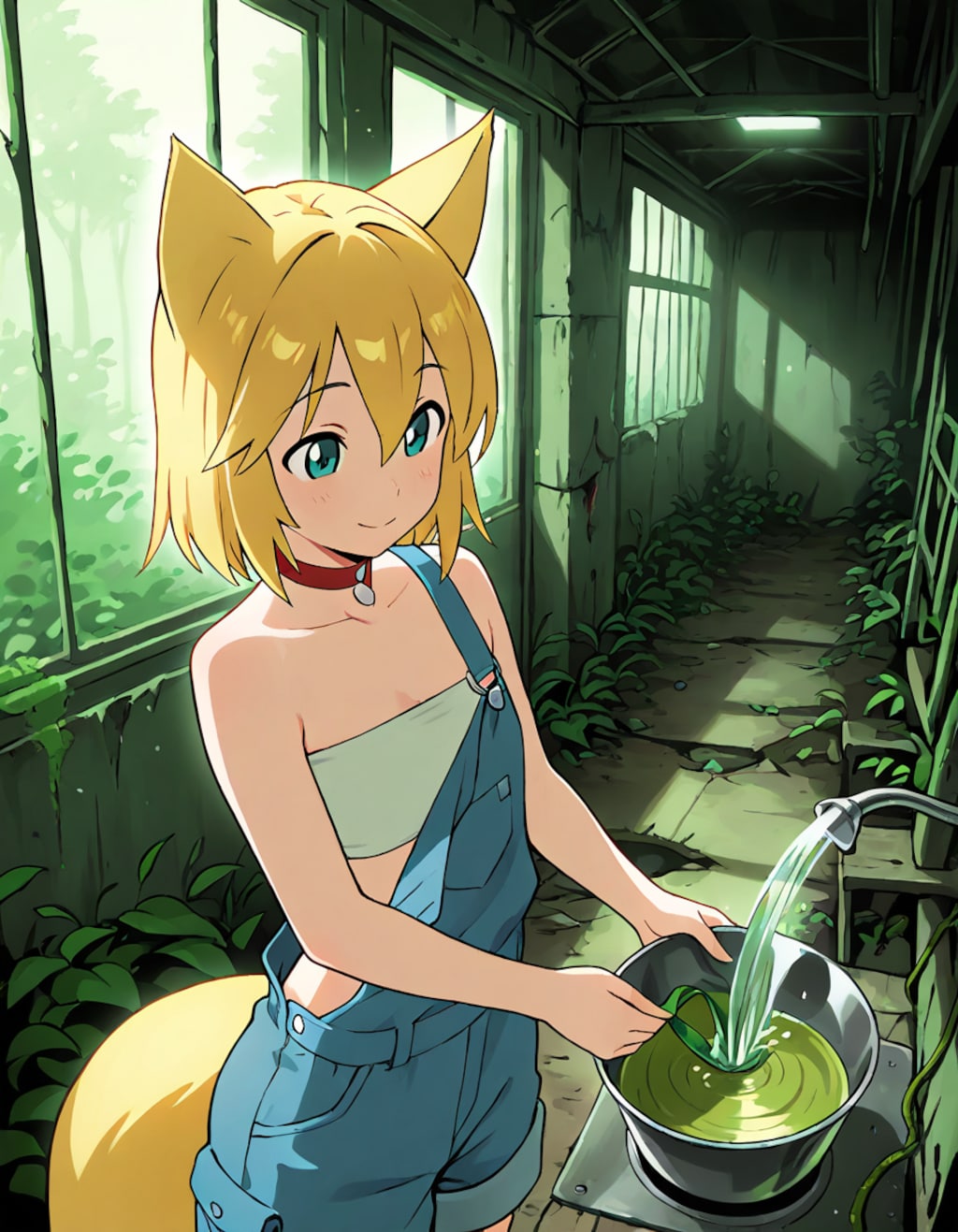 植物が繁茂する誰もいなくなった廃墟で衣服を着崩しつつ微笑みをたたえながら葉っぱを水に浸し銀の器に緑茶成分を抽出しているキツネ