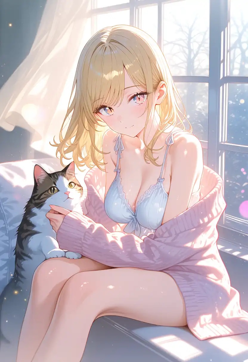 Days AI「ランジェリー姿の美少女と猫」