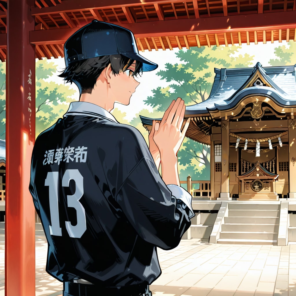 初詣する野球帽少年