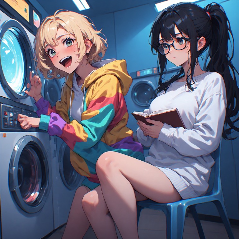 深夜のコインランドリーの2人