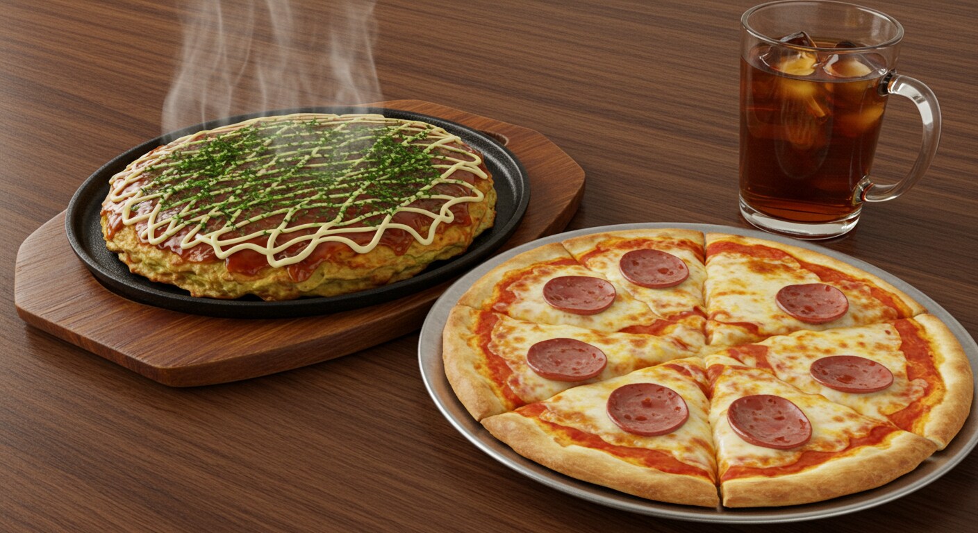 深夜食堂のピザとお好み焼きのセット