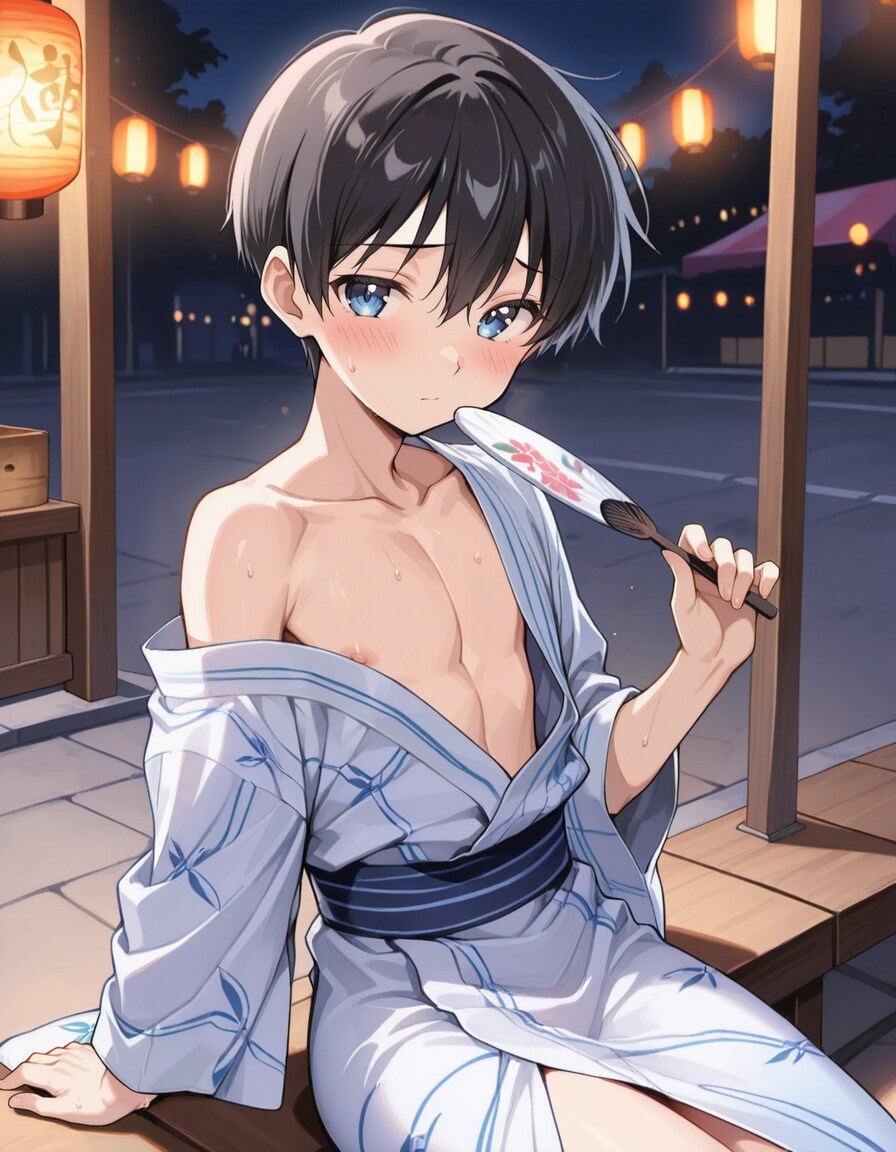 暑くてはだける浴衣少年