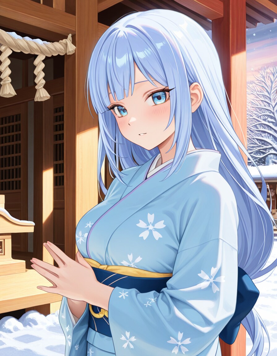 神社の前で祈る紬(PixAI版)