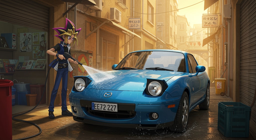 武藤遊戯がマツダロードスターを洗う