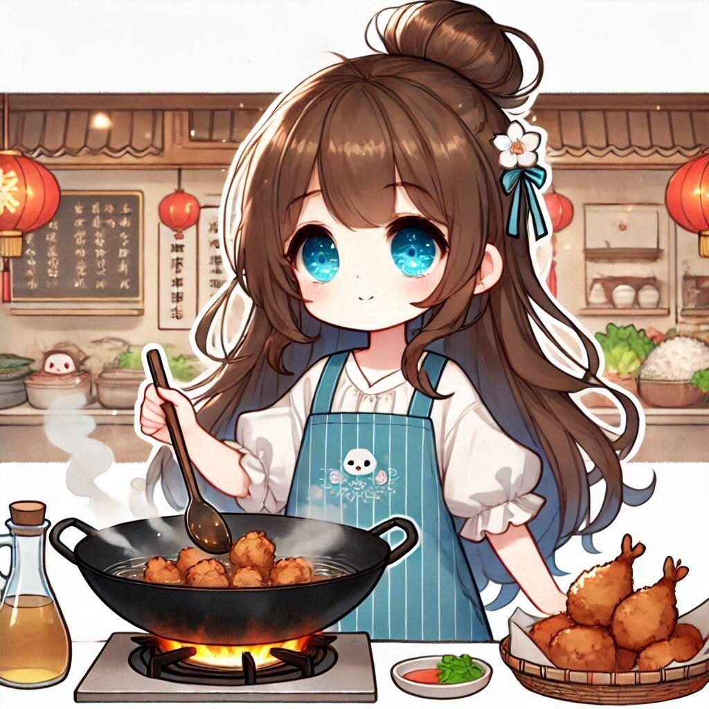 鶏皮を炒めて鶏油を出してる小さな女の子