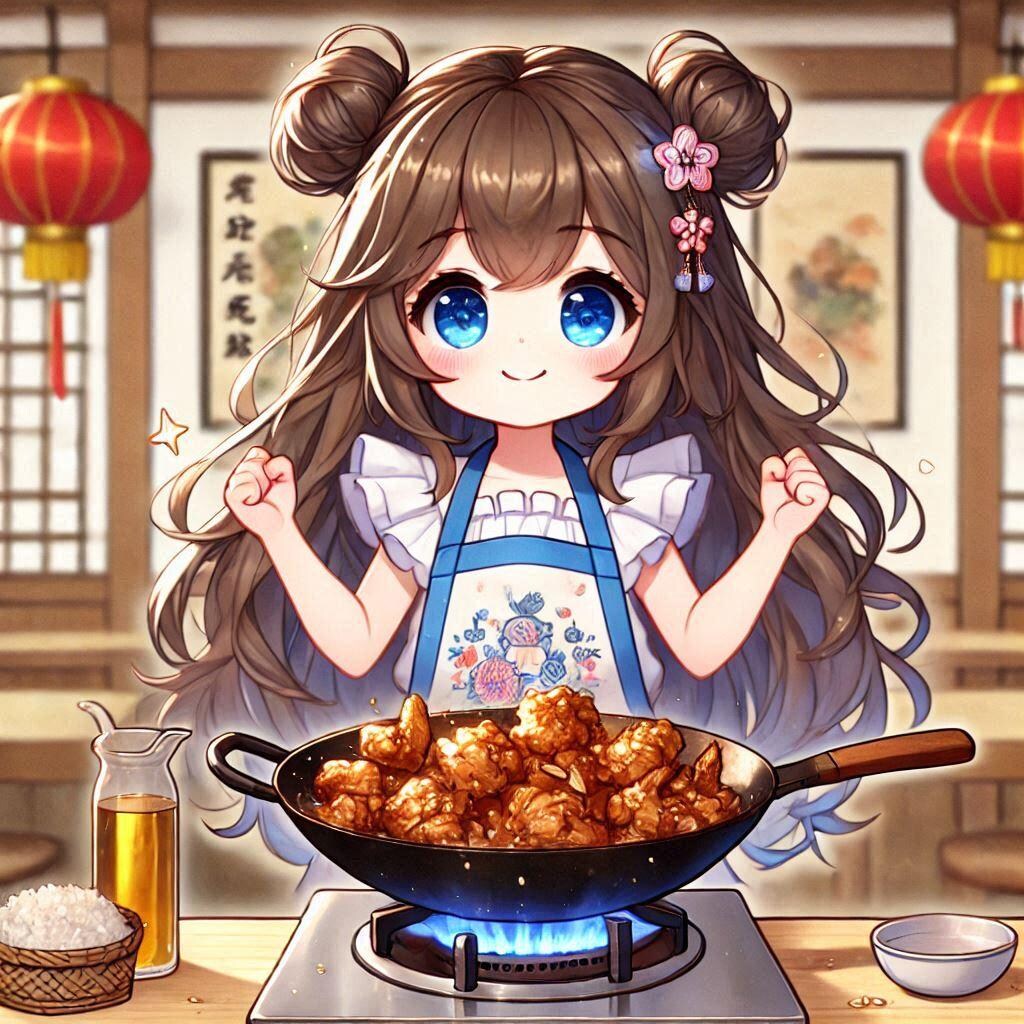 鶏皮を炒めて鶏油を出してる小さな女の子