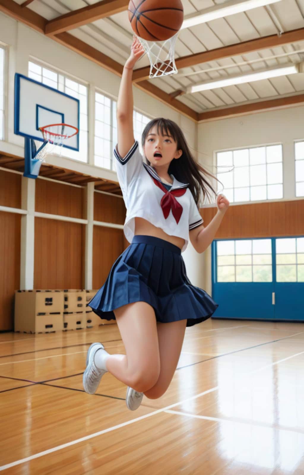 バスケットボールをするセーラー女子