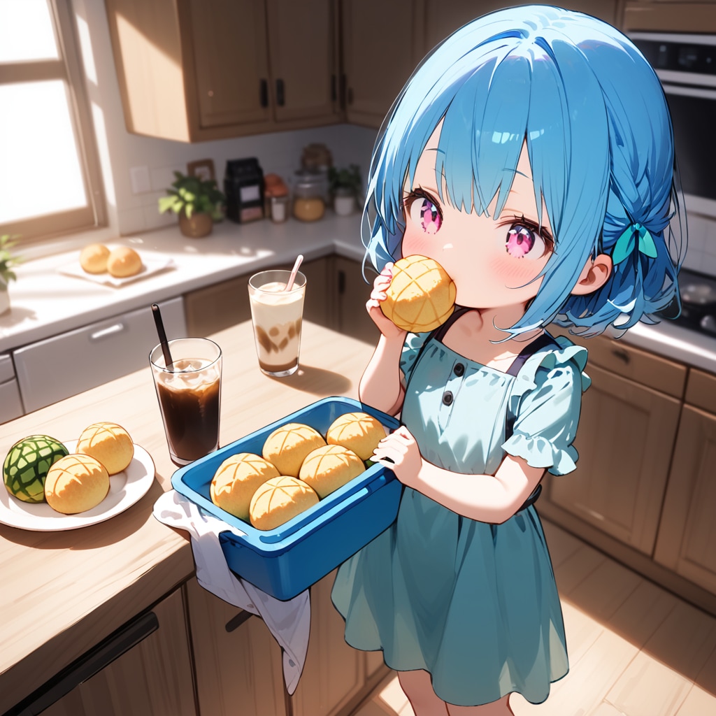 摩訶不思議食堂ベーカリー店で買ってきたメロンパンを朝食で食べるちびっこ達。