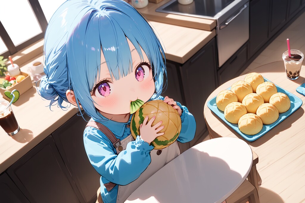 摩訶不思議食堂ベーカリー店で買ってきたメロンパンを朝食で食べるちびっこ達。