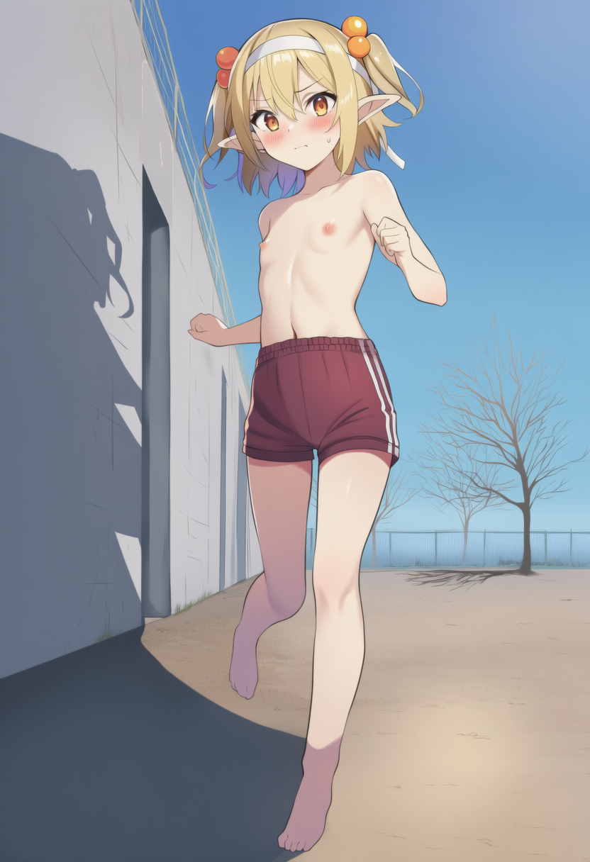 上半身裸に体操着の短パン+裸足のエルフさん