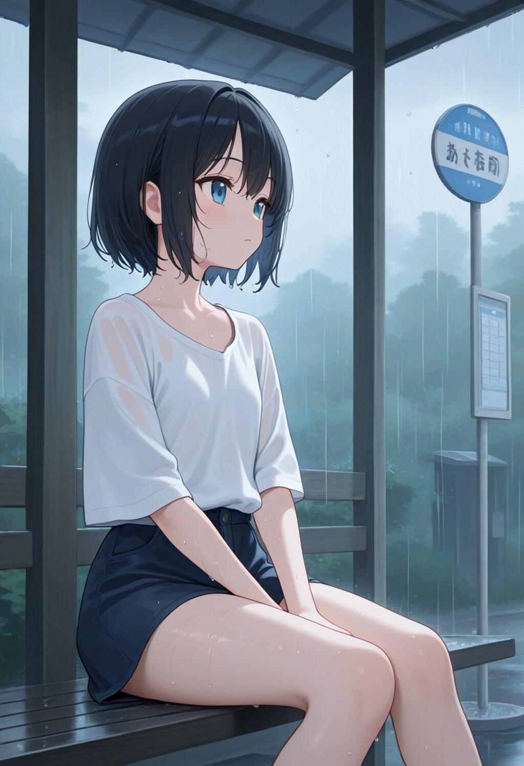 バス停で雨宿り