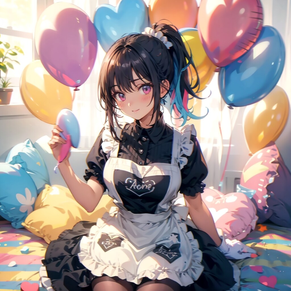 いっぱい色とりどりの風船を持つエプロン付けた黒髪ポニーテールの美女 | の人気AIイラスト・グラビア