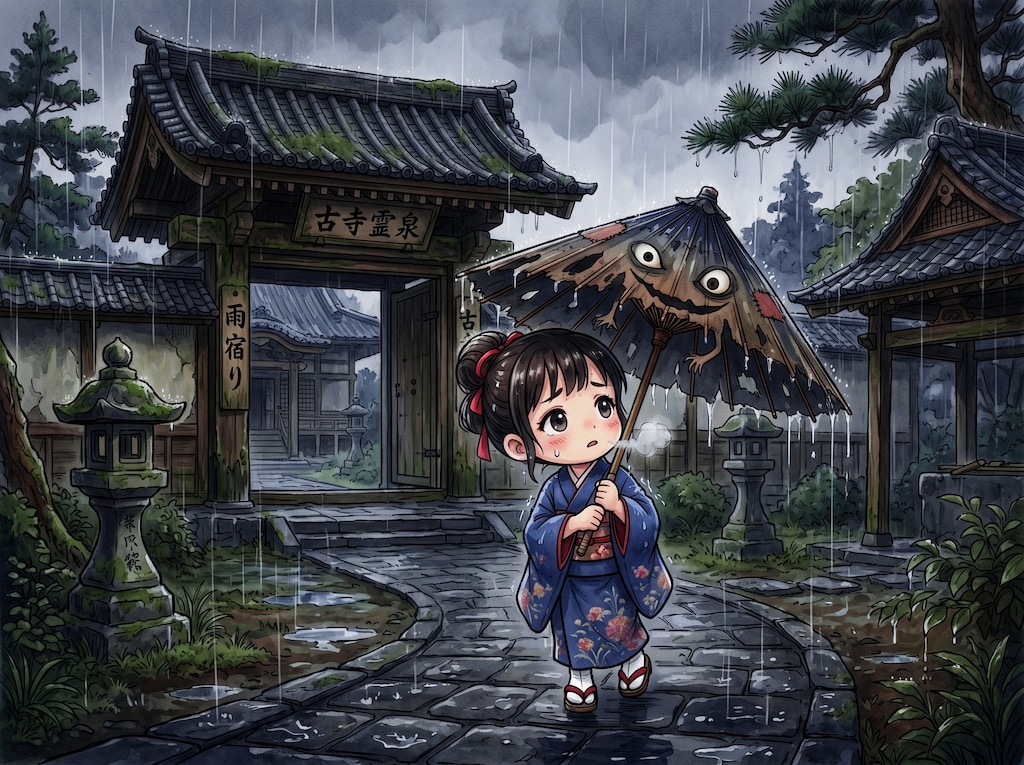 化けそうな傘かす寺の時雨哉