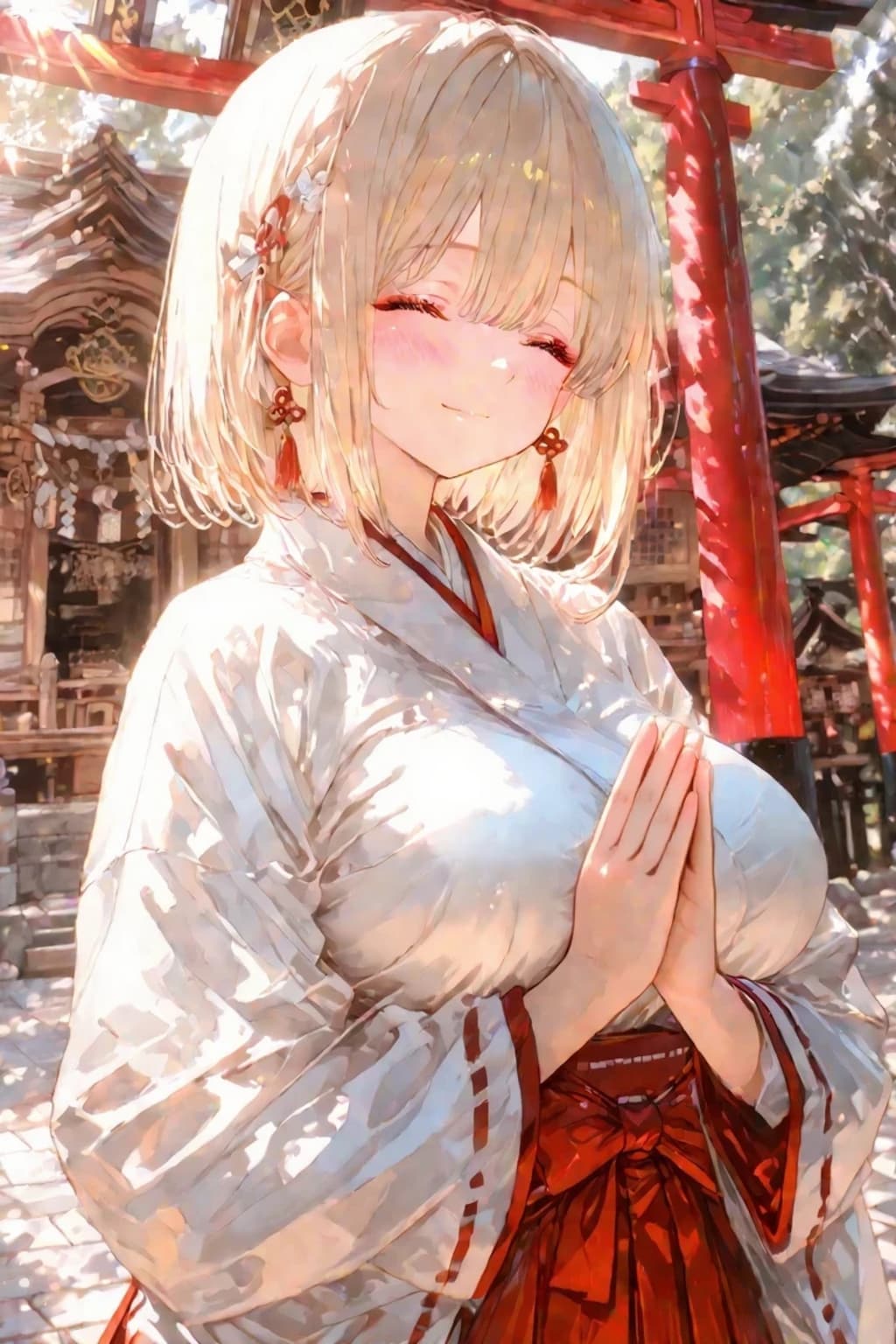 巫女さんと一緒にお祈り